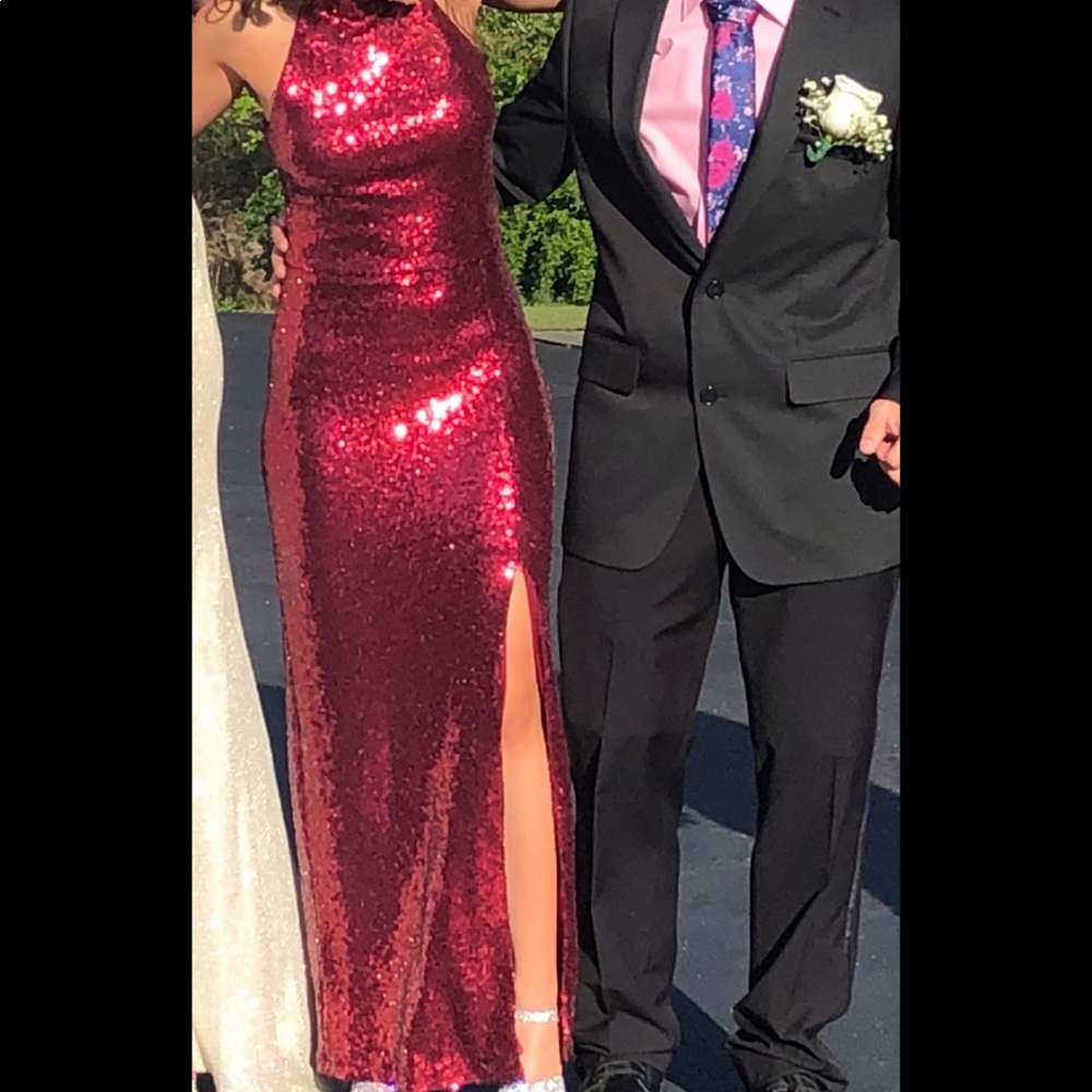 Red sequin halter top dress.